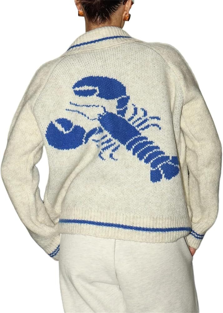 Women Shawl Collar Cardigan Sweater Lobster Print Long Sleeve Button Down Jumper Tops Vintage Chu... | Amazon (US)