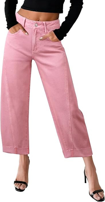 Sidefeel Barrel Jeans for Women High Waisted Wide Leg Baggy Stretchy Trendy Raw Rolled Hem Capri ... | Amazon (US)