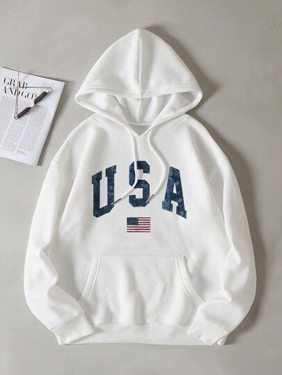 Letter And American Flag Print Drawstring Thermal Lined Hoodie | SHEIN