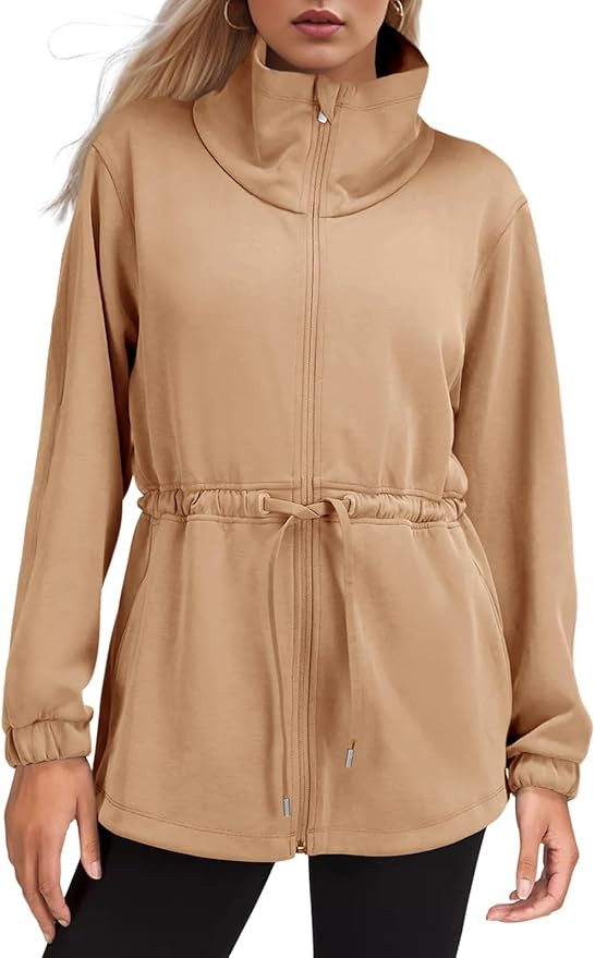Fisoew Women's Zip Up Sweatshirt Long Sleeve Stand Neck Drawstring Waist Warm No Hood Sweatshirt | Amazon (US)
