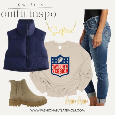If your a Taylor Swift fan you need this outfit! 
Fashionablylatemom 
Gold jewelry 
Puffer vest 
Graphic sweatshirt 
Straight legged jeans 

#LTKshoecrush #LTKstyletip