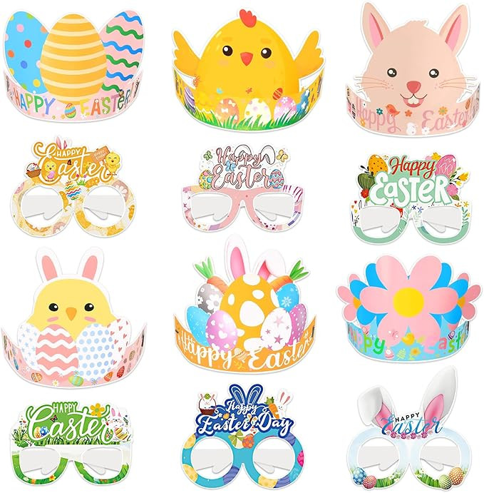 12Pcs Easter Crown Paper Hats and Glasses, Adjustable Eggs Bunny Hats Easter Glasses Frame Costum... | Amazon (US)