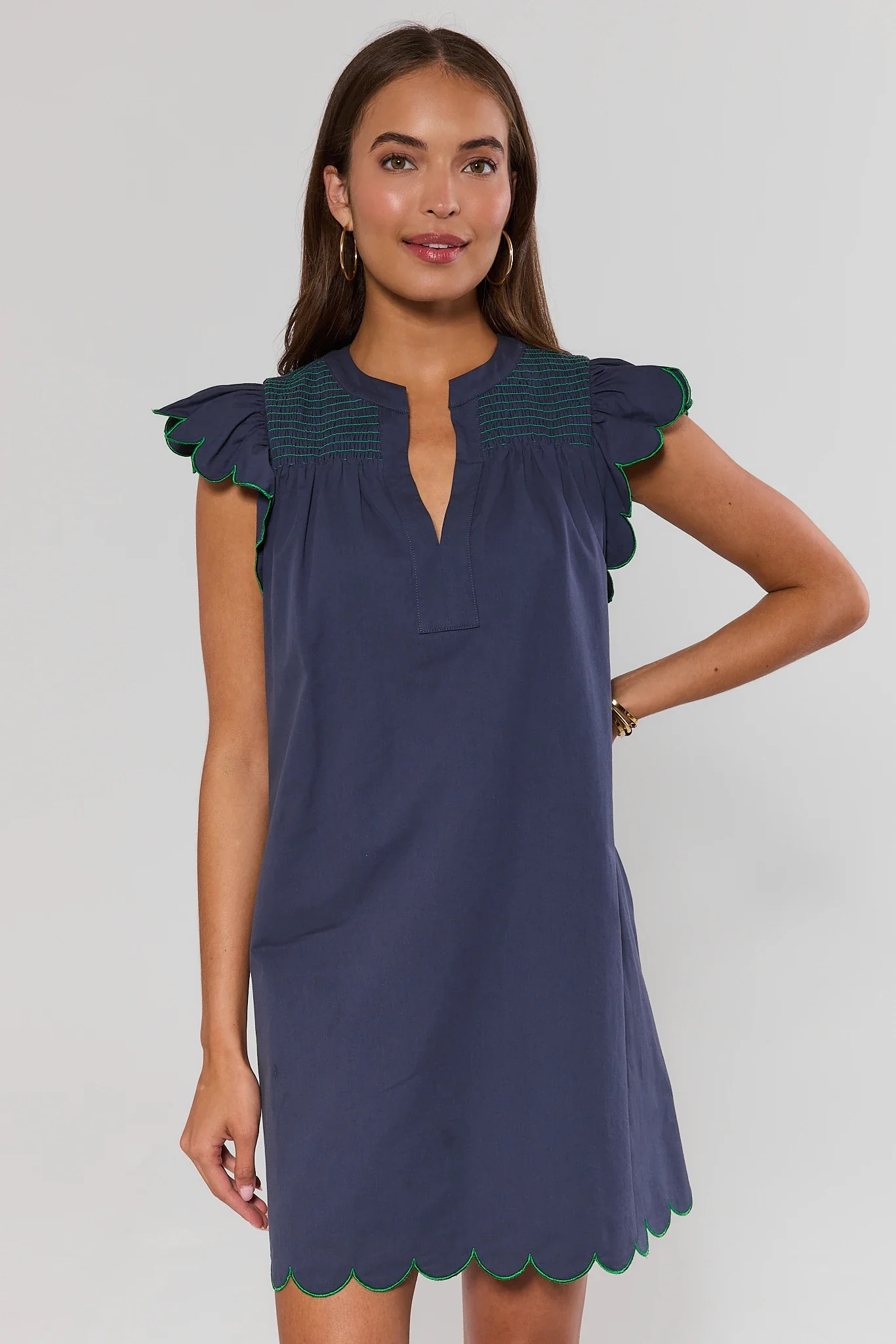 Navy Scalloped Flutter Sleeve Short Dress | Avara