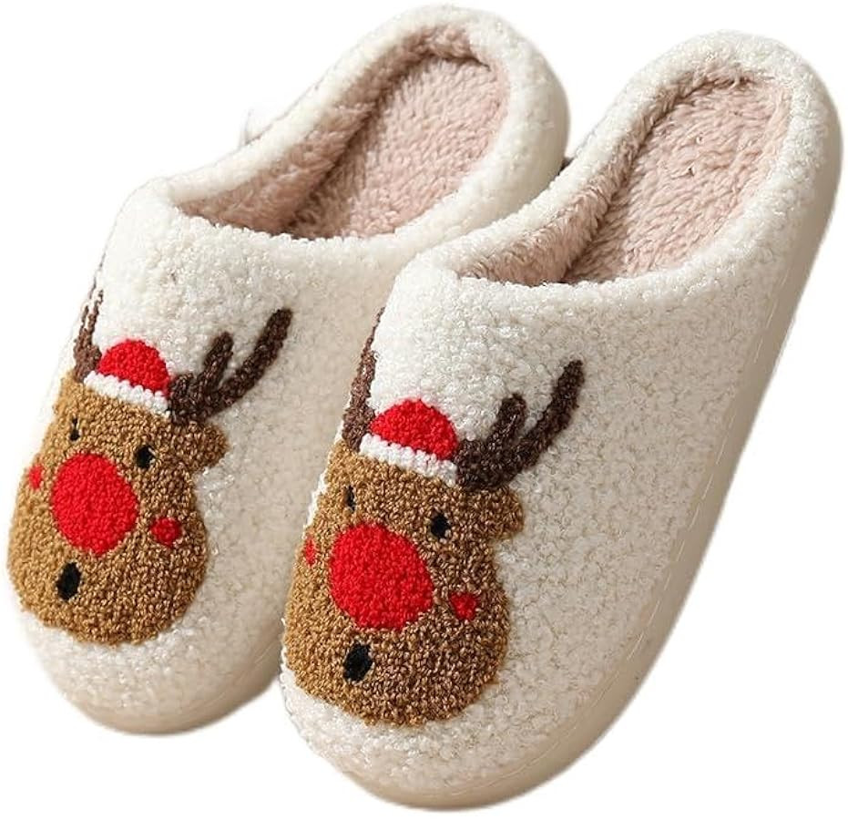 Christmas Slippers Reindeer for Womens Mens Soft Plush Comfy Warm Fuzzy Slippers Red Moose Santa ... | Amazon (US)