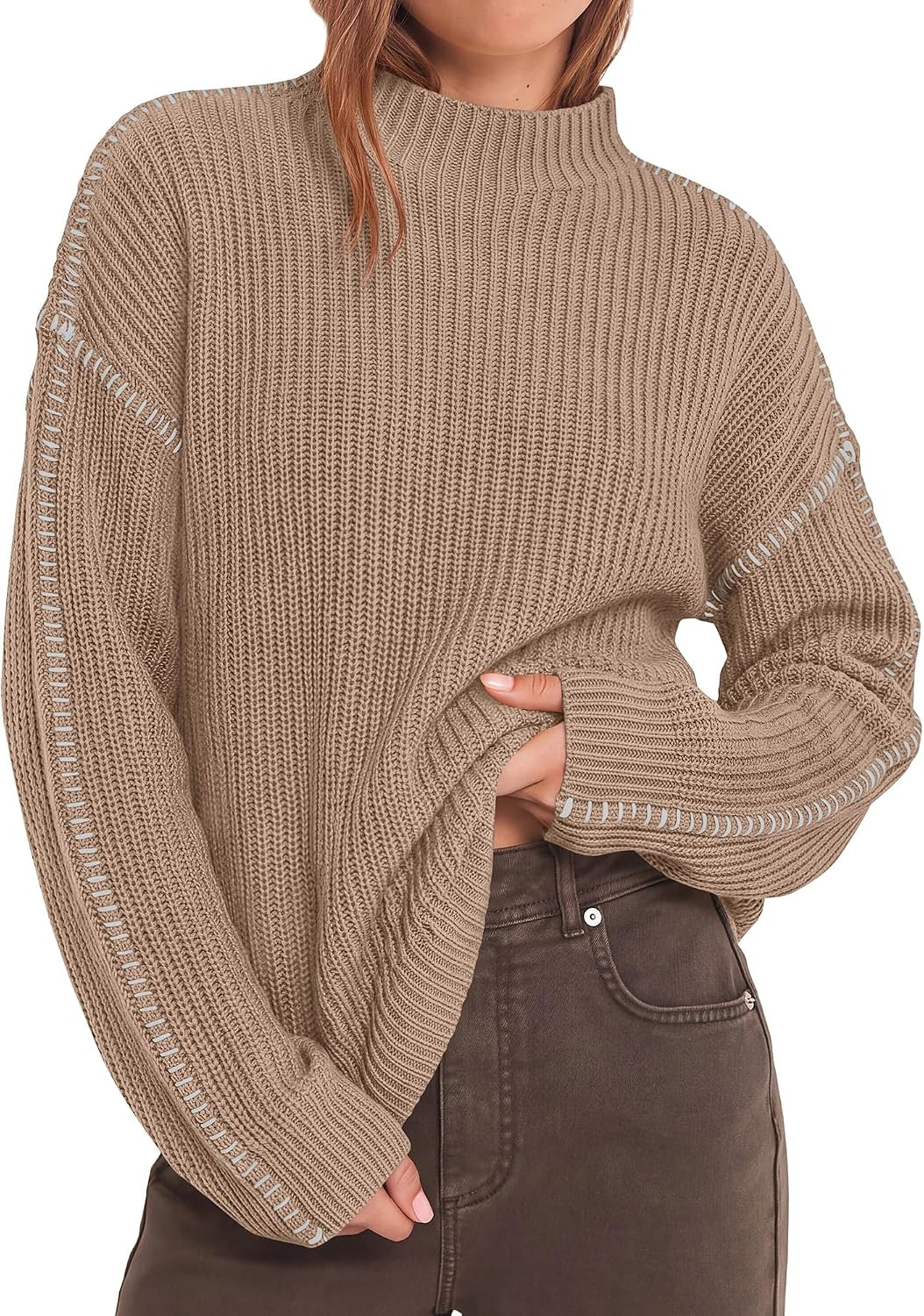 BTFBM Oversized Sweaters for Women Fall 2026 Contrast Chunky Knit Sweater | Amazon (US)