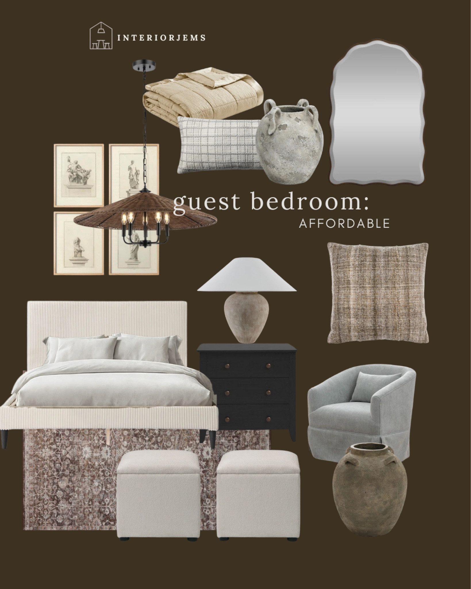 I had lots of request for guest bedroom because it is the time of year where people are hosting relatives or friends over the holiday holidays so I came up with the affordable Bedroom Design , nightstand, puttered bed, table, lamp, framed, ready, art, chandelier, mirror, storage, Ottomans, chair, throw pillows

#LTKSaleAlert #LTKHome #LTKStyleTip