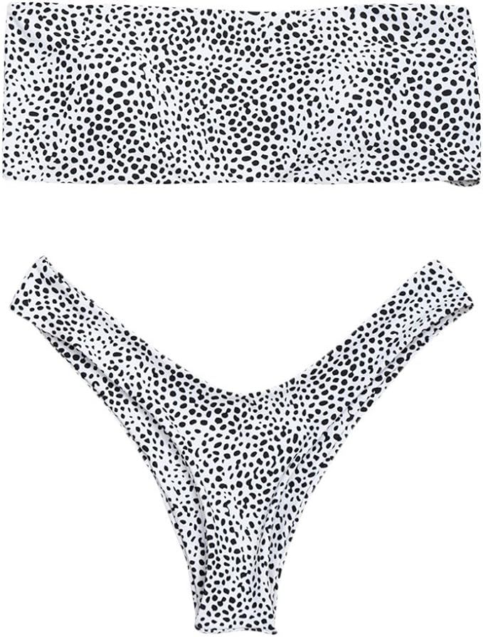 ZAFUL Women's Strapless Leopard Print High Cut Two Piece Bandeau Bikini Set | Amazon (US)
