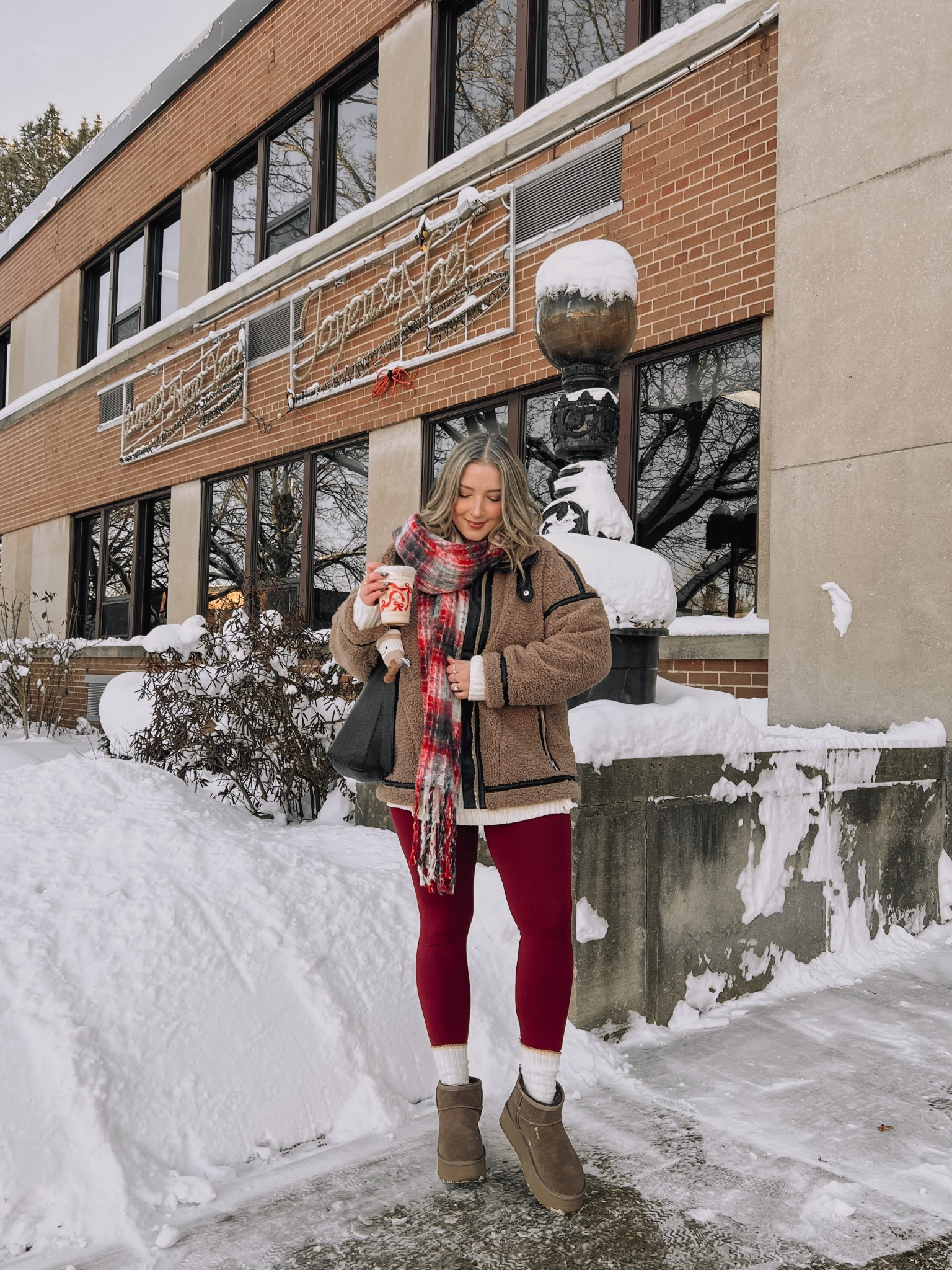 Comfy winter outfit! Wearing my usual size L in the burgundy leggings and super soft chenille sweater. Ugg look for less boots are from Amazon and such good quality! I’m usually a 9.5-10 and wear a 10 in these. Linked similar sherpa jackets & festive plaid scarves 


#LTKholiday #LTKmidsize #LTKwinter