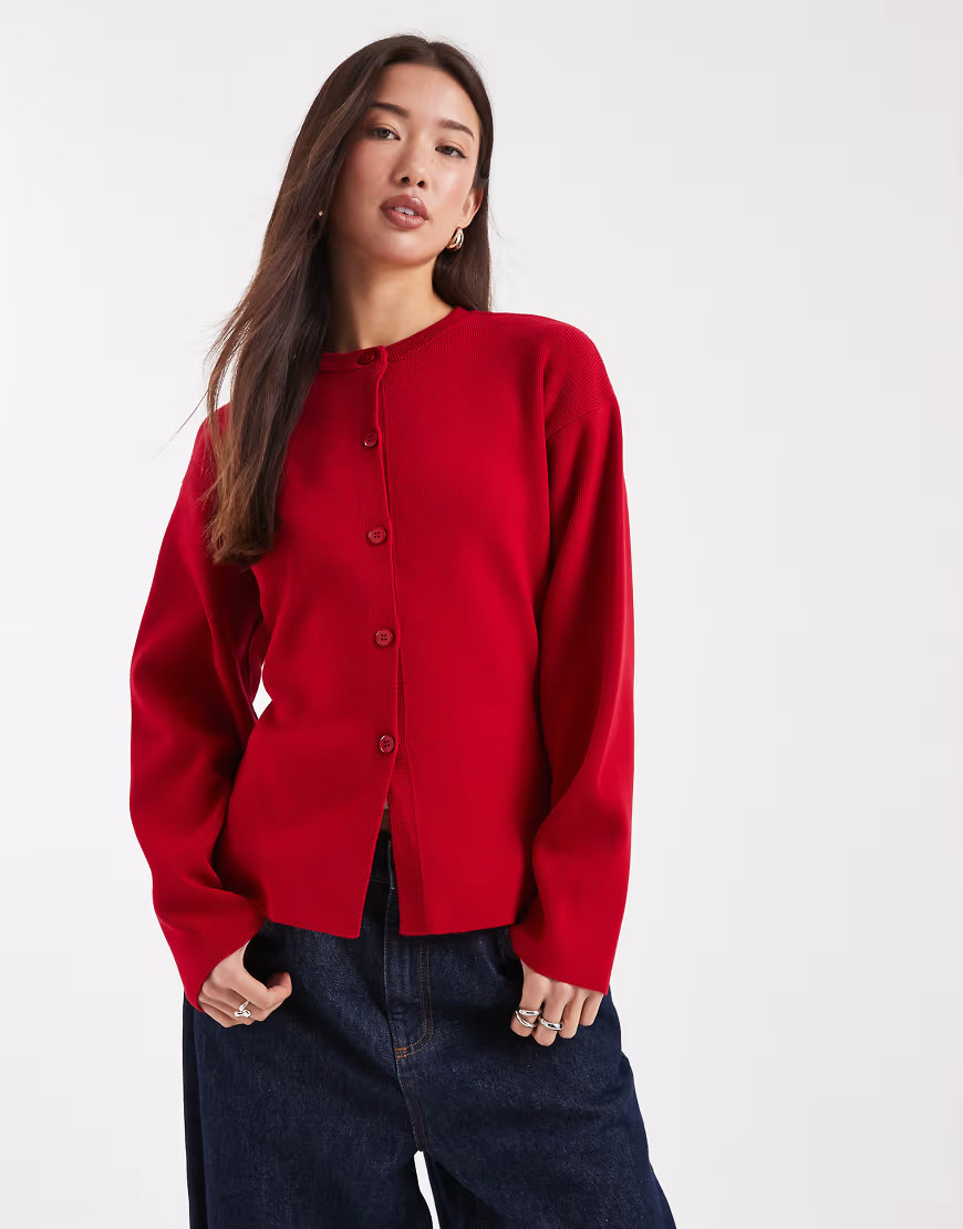 ASOS DESIGN knitted structured crew neck cardigan in red | ASOS (Global)