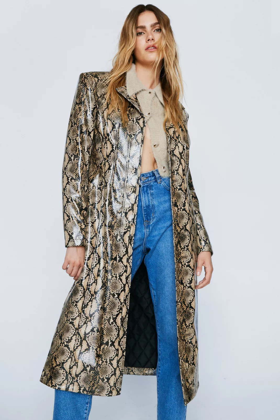 Faux Leather Snake Print Longline Coat | Nasty Gal (US)