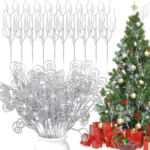Christmas Tree Decoration, Silver Christmas Ornaments, Artificial Candy Glitter Curly Stems Set for Xmas Tree Wreath DIY Crafts Vase (40 Pcs) | Amazon (US)