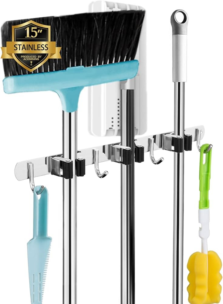 3 Racks and 4 Hooks Broom and Mop Holder Wall Mounted Garage Organizer Storage Tool Racks Stainle... | Amazon (US)