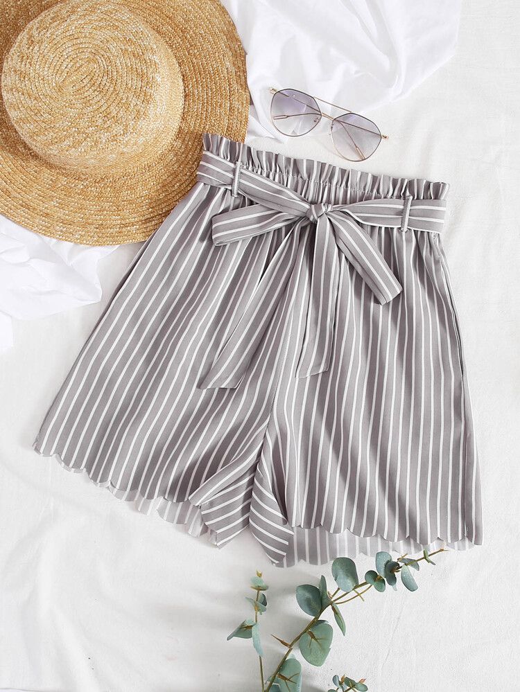 Paperbag Waist Belted Striped Shorts | SHEIN