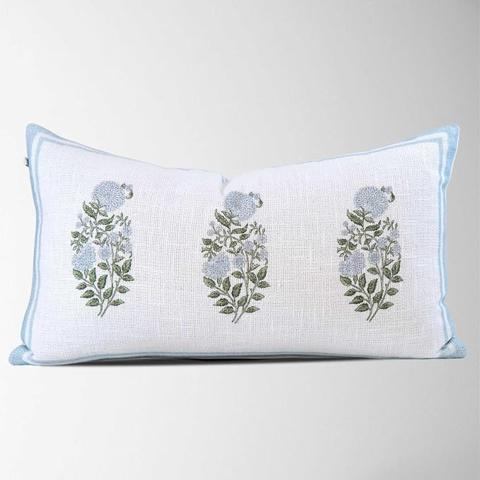 Genevieve Blue Block Print Lumbar Pillow Cover – 14x24, 100% Cotton Floral Cushion Cover for So... | Amazon (US)