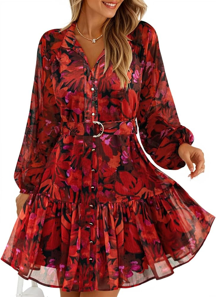 ZESICA Womens Spring Summer Floral Mini Dress Long Sleeve Button Chiffon A Line Swing Short Weddi... | Amazon (US)