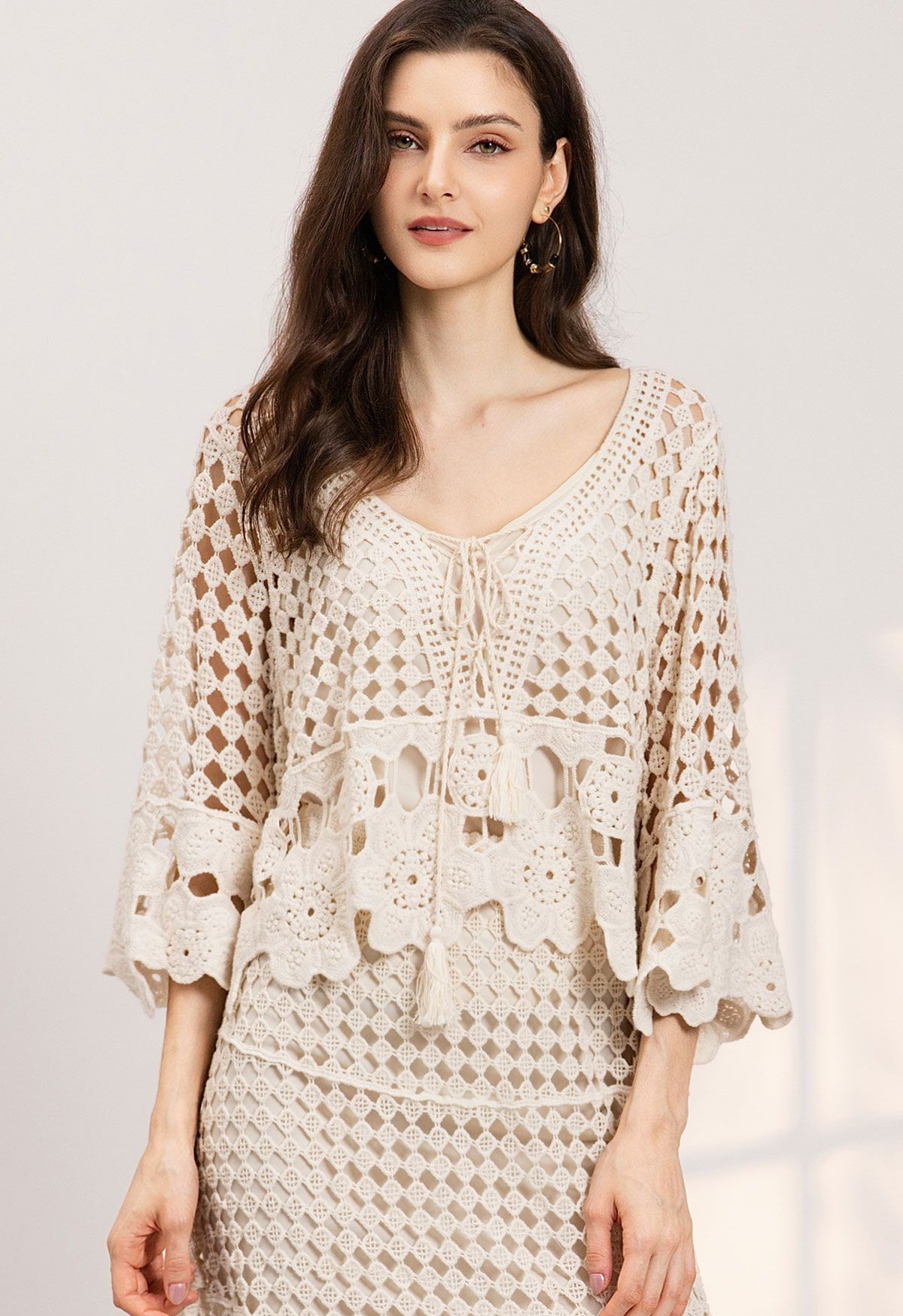 Boho Openwork Crochet Lace-Up Top for Beach Day & Coastal Cafe Hangout | Chicwish
