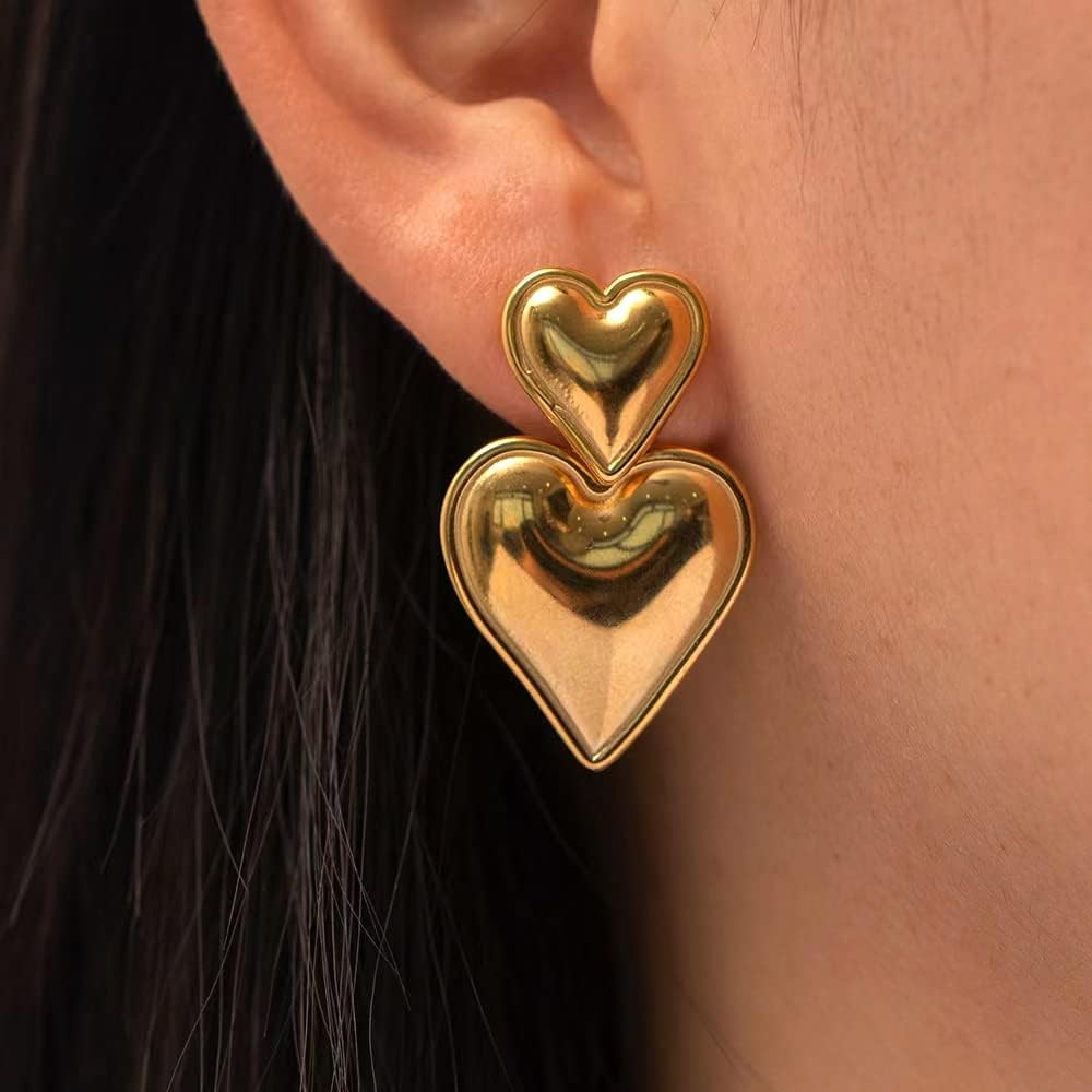 Heart Drop Earrings Double Heart Statement Dangle Earrings for Women Gold Silver | Amazon (US)