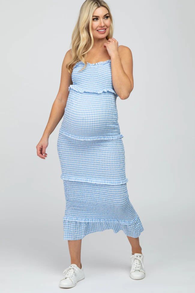 Blue Gingham Print Smocked Maternity Maxi Dress | PinkBlush Maternity