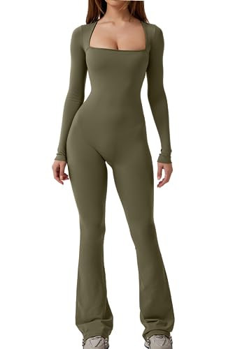QINSEN Women's Long Sleeve Wide Led Jumpsuit Seamless Long Pants Bodysuit Romper Olive Green S | Amazon (US)