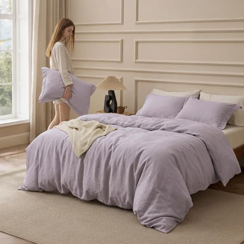 Bedsure 100% Washed Cotton Duvet Cover King Size - Lavender Minimalist Bedding Set Linen Like - PureWoven Plain Simple & Soft Comforter Cover for All Seasons (Lavender, King, 104"x90") | Amazon (US)