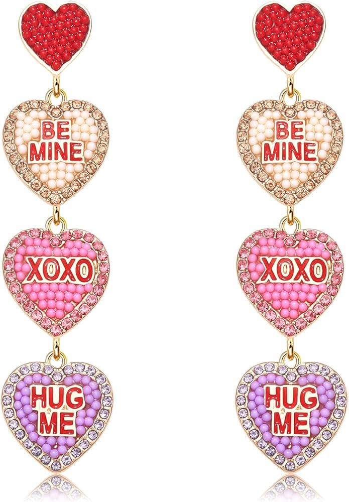 Valentine’s Day Earrings, Beaded Heart Earrings for Women Rhinestone Glitter XOXO LOVE Earrings... | Amazon (US)