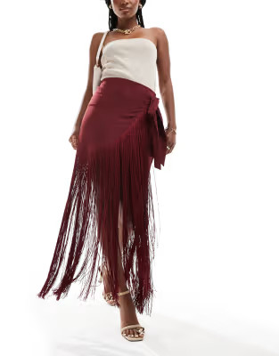 ASOS DESIGN fringed satin wrap maxi skirt in burgundy | ASOS | ASOS (Global)