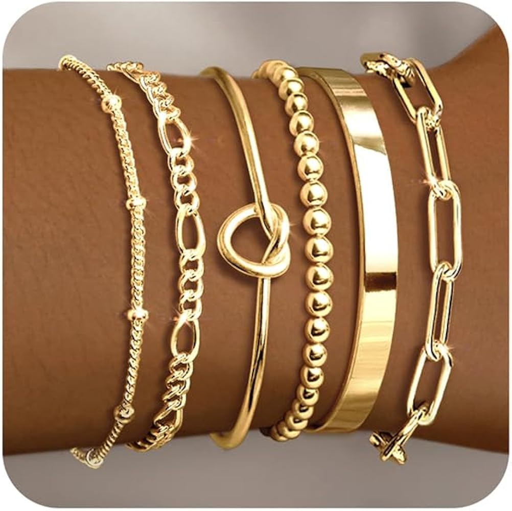 Gold Bracelets for Women 18k Gold Plated Bracelet Stack Bangle Cuff Bracelet Set for Women Non Ta... | Amazon (US)