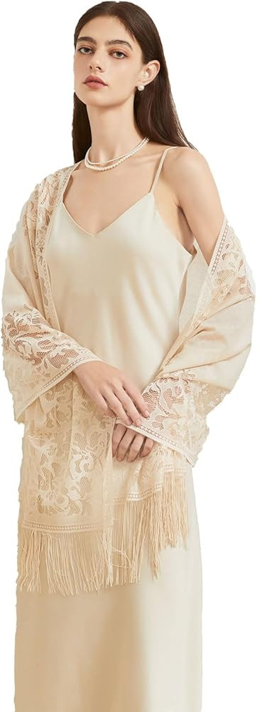 BRYCTSISEN Women\u2019s Floral Lace Shawls and Wraps for Evening Dress Fringe Lace Scarf for Wedd... | Amazon (US)