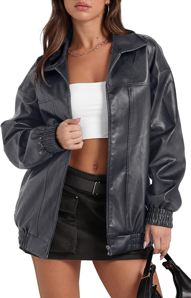 SAMPEEL Leather Jacket Women Faux Oversized Motorcycle Bomber Coats 2024 Fall Fashion Outfits Win... | Amazon (US)