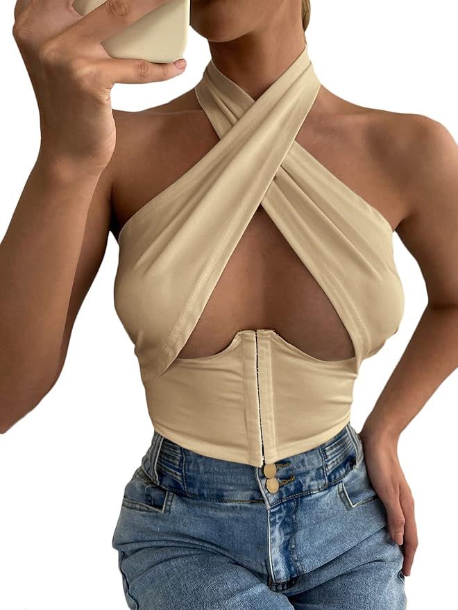 SheIn Women's Criss Cross Halter Corset Crop Top Sleeveless Cut Out Bustier Camisole | Amazon (US)