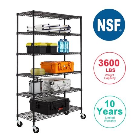 Click for more info about NSF Wire Shelving Unit Heavy Duty Garage Storage Shelves Large Black Metal Shelf Organizer 6-Tier Height Adjustable Commercial Grade Storage Rack 3600 LBS Capacity on 4"" casters,18"" D x 48"" W x 76"