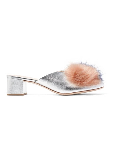 Loeffler Randall - Lulu Faux Fur-trimmed Metallic Textured-leather Mules - Silver | NET-A-PORTER (US)