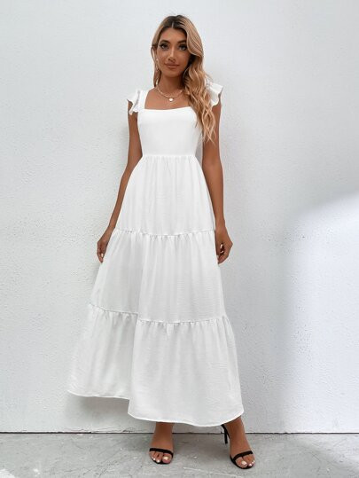 Solid Shirred Detail Ruffle Hem Dress | SHEIN