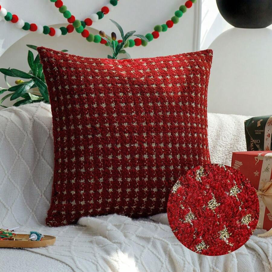 1pc Red & Gold Houndstooth Patterned Christmas Decorative Throw Pillow Cover, Square Cushion Cove... | SHEIN