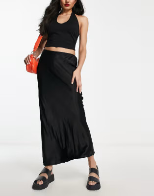 River Island satin bias midi skirt in black | ASOS (Global)