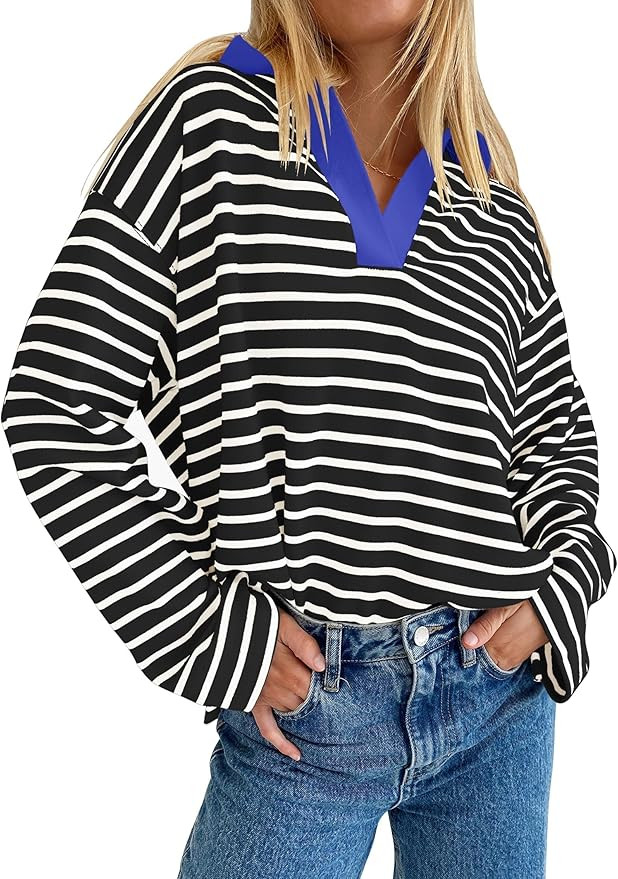 ZESICA Womens Striped Long Sleeve Tops Oversized Sweatshirt V Neck Loose Fit Tunic Tops Spring Ca... | Amazon (US)