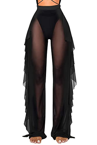 Jumppmile Women's Sexy Ruffle Sheer Mesh Bikini Swimsuit Bathing Wear Cover Up Pants See Through M Black | Amazon (US)