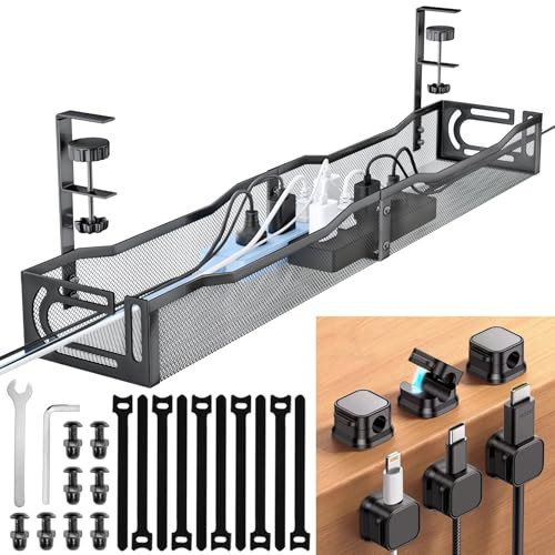 NoetixCo Cable Management Under Desk, 25.3'' No Drill Desk Cable Management Tray with Clamp, Metal Cord Organizer for Standing Desk, Computer Wire Management for Home Office & Gaming Setup, Black | Amazon (US)