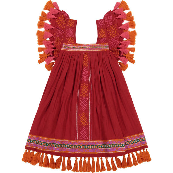 Serena Tassel Dress, Red Embroidery | Maisonette
