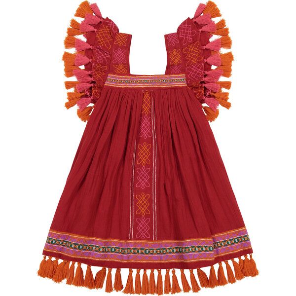 Serena Tassel Dress, Red Embroidery | Maisonette