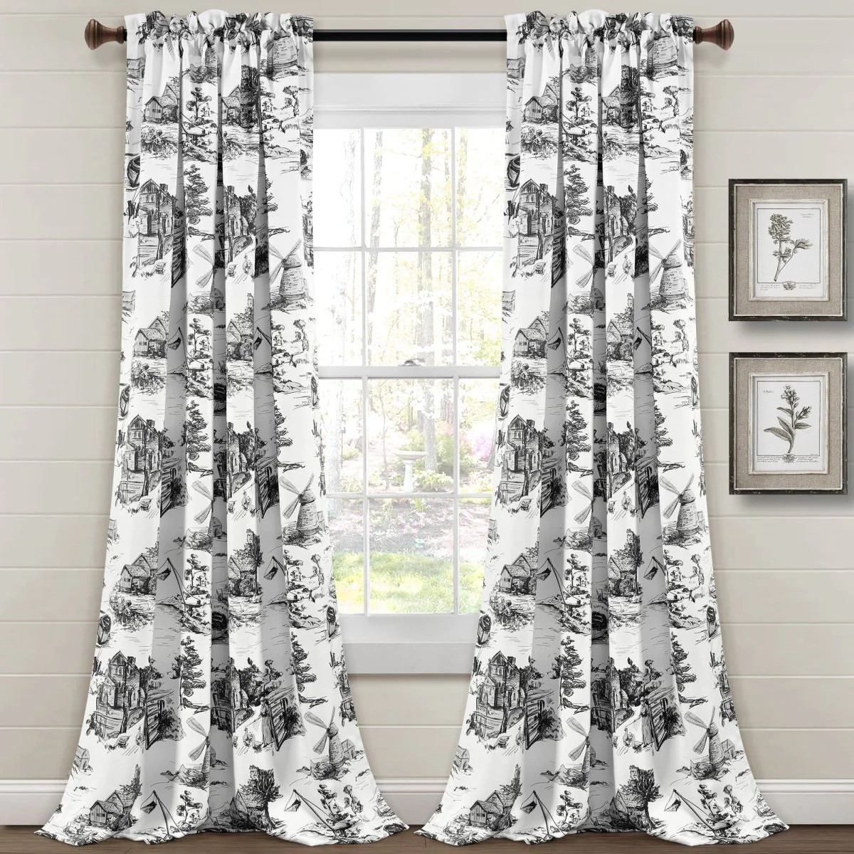 French Country Toile Room Darkening Window Curtain Set | Lush Decor
