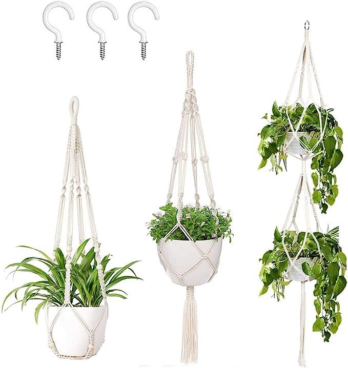 AerWo 3 Pack Macrame Plant Hangers Outdoor Indoor Wall Hanging Planters+ 3 PCS Hooks, Handmade Ha... | Amazon (US)