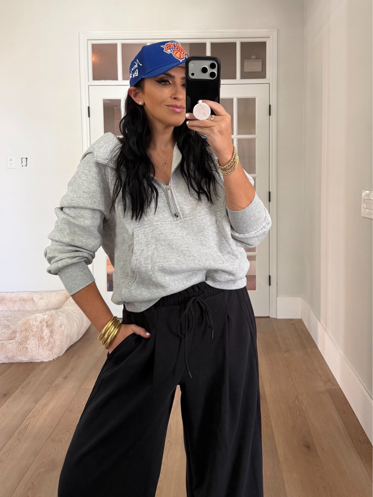 Women Gold Half Zip up Cotton Hoodies. Adidas wide leg pants