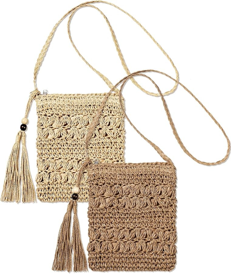 Sweetude 2 Pcs Straw Beach Bag for Women Summer Woven Straw Purse Cute Shoulder Straw Crossbody H... | Amazon (US)