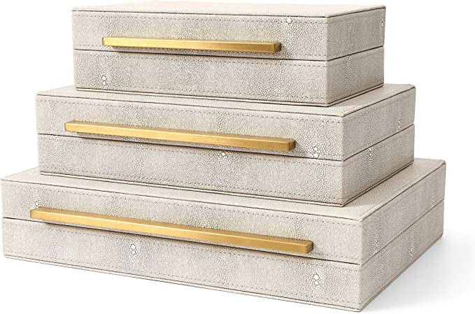 Kingflux Faux Ivory Shagreen Leather Set of 3 Pcs Decorative Boxes, Storage Boxes Jewelry Organiz... | Amazon (US)