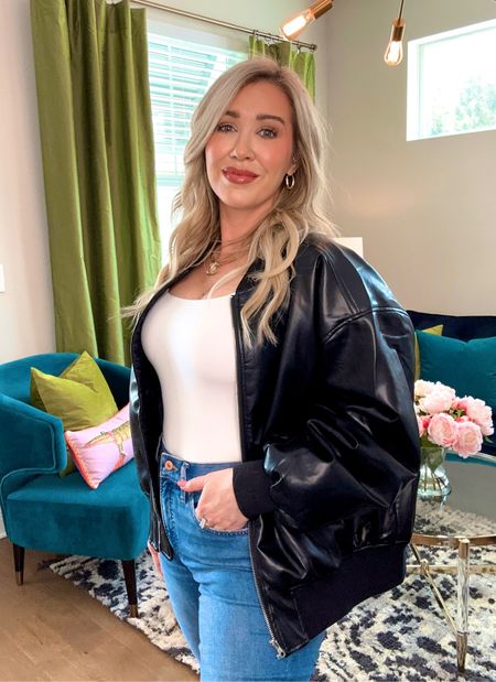 Love this oversized faux leather bomber jacket! The faux leather is so soft! It’s nicely lined. The fit is great!

Wearing medium in jacket & bodysuit
Size 6 in denim

💋 lip is ‘crabby’ liquid lip with ‘rose’ lipgloss
