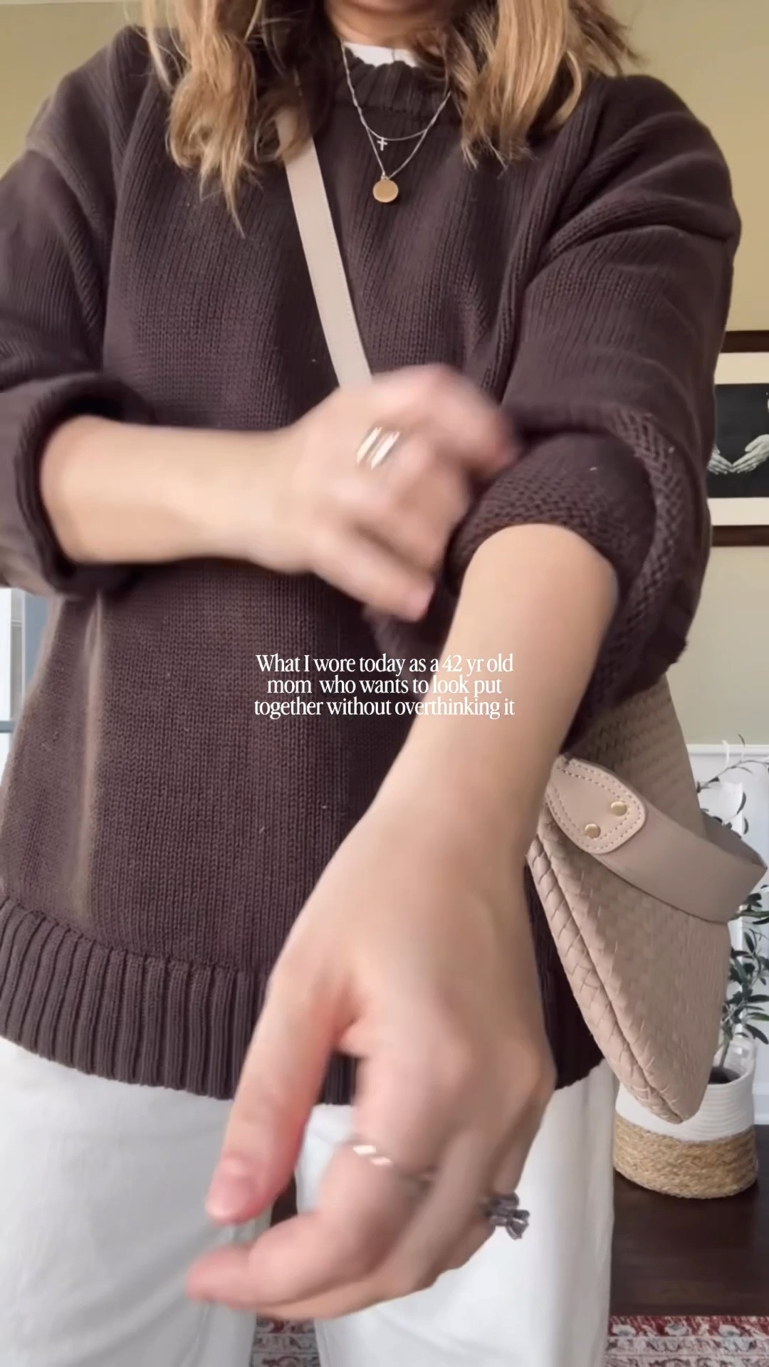 OOTD 

Sweater- Gap - tts 
Code: ADDON 10% off 
Tee- Old Navy - tts - 50% off right now 
Pants - Everlane - tts 
Bag- Quince - taupe 
Shoes- Freda Salvador - sizes 8 and up go up a half size - Code: jena10 
Sunnies- Maui Jim 
Makeup- Merit 
Blush - Jones Road 
Lips- Versed Spice & OSEA Lip Booster 

#LTKgrwm #LTKootd #LTKOver40