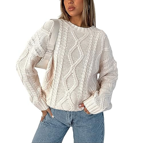 Women Oversized Cable Knit Sweater Y2K Casual Long Sleeve Pullover Sweater Vintage Aesthetic Streetwear (Beige White, L) | Amazon (US)