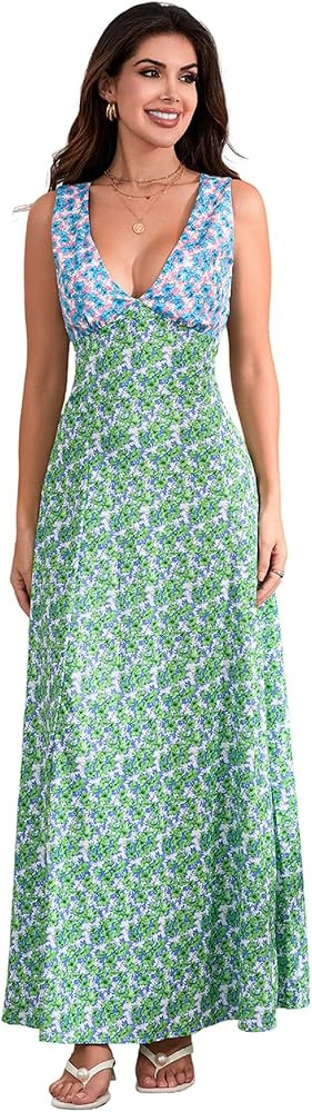 Women Y2k Floral Deep V Neck Maxi Dress Sleeveless Patchwork Long Dress Going Out Flowy Sundress ... | Amazon (US)