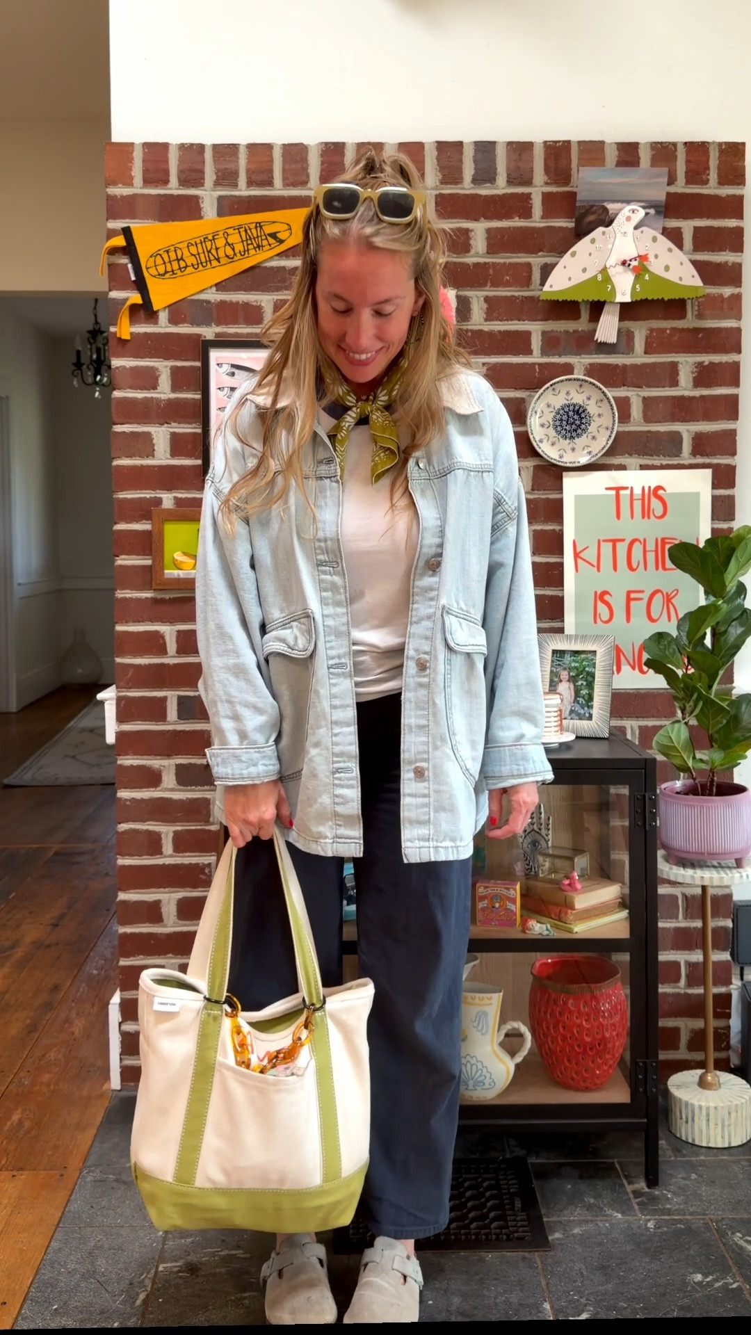 Denim barn coat. 
Light layers for spring. I love tossing a bandana with any outfit for a fun pop of color  

#LTKmomlife #LTKSeasonal